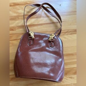 1990’s Sasha Patent leather Brown Leather Shoulder Bag with Gold Horse Accents